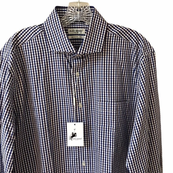 New ALEX VANDO Long Sleeve MODERN FIT  Dress Shirt Men size 16 32-30 Blue check - Picture 2 of 7